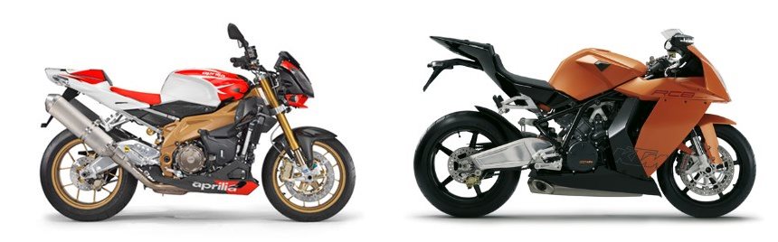 Motorrad Vergleich Aprilia RSV 1000 Tuono Factory 2010 vs. KTM 1190 RC8 ...