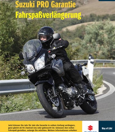 SUZUKI PRO GARANTIE 
SUZUKI PRO GARANTIE - Neumotorrad Anschlußgarantie
Suzuki PRO - Anschlussgarantie
Für die ersten beiden Jahre nach Kauf ei ... Weiter >>