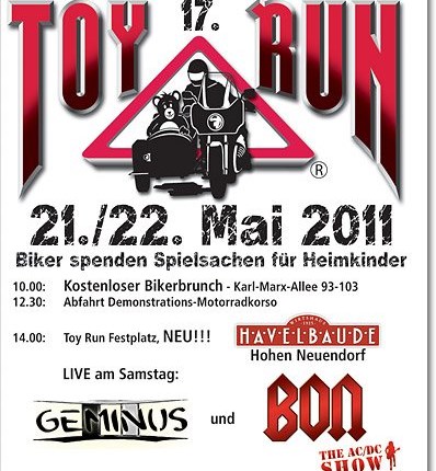 TOY RUN in der Havelbaude Am 21. - 22. Mai 2011 startet der nächste TOY RUN in Berlin mit einem neuen Veranstaltungsort: Die Havelbaude in Hohen Neuendo ... Weiter >>