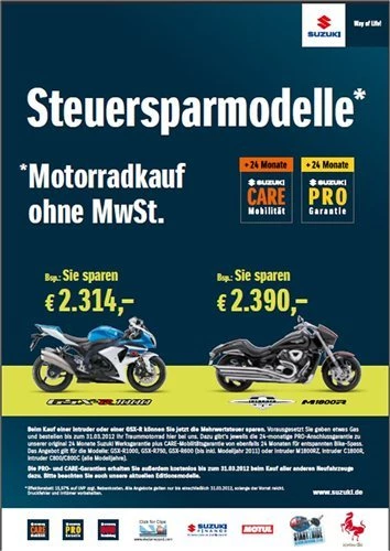 Jetzt bei Kauf einer neuen Suzuki den Betrag der Mehrweretsteuer sparen   Bild 1: Jetzt bei Kauf einer neuen Suzuki den Betrag der Mehrweretsteuer sparen
