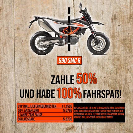 Zahle 50% und habe 100% Fahrspaß
50% Anzahlung, z.B. deine Gebrauchte! 2 Jahre sorgenfrei ohne monatl. Rate KTM fahren! Nach 2 Jahren den Restbetrag ablösen, Fle... Weiter >>