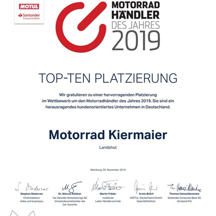 "Motorradhändler des Jahres 2019" 
Motorradhändler des Jahres 2019

Ende November 2019 wurden wir von der Fachzeitschrift bike&business zur Verleihung des "M ... Weiter >>