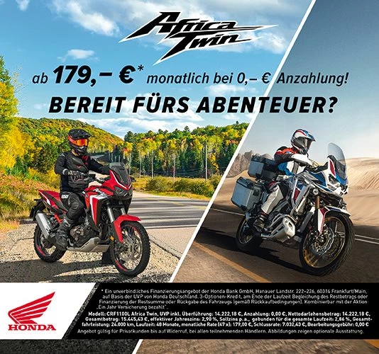 AfricaTwin ab 179,-€ monatlich + 1 Jahr Versischerung geschenkt Bild 1: AfricaTwin ab 179,-€ monatlich + 1 Jahr Versischerung geschenkt