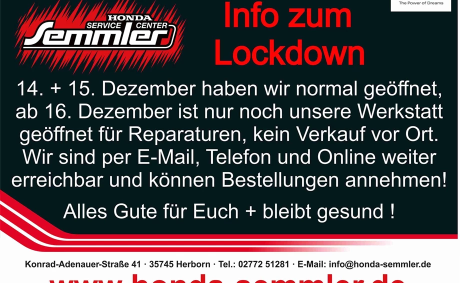 Honda Semmler - Infos zum Lockdown ! Bild 1: Honda Semmler - Infos zum Lockdown !