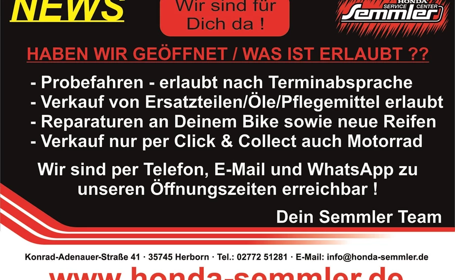 Honda Semmler - ab 29. März 2021 was ist erlaubt !  Bild 1: Honda Semmler - ab 29. März 2021 was ist erlaubt !