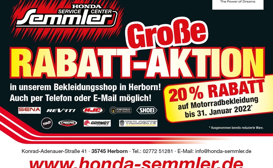 Honda Semmler - 20% Aktion auf Motorradbekleidung ... Bild 1: Honda Semmler - 20% Aktion auf Motorradbekleidung ...