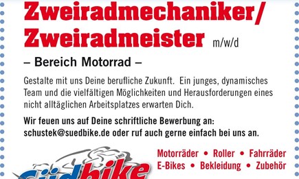 Wir suchen ab sofort Zweiradmechatroniker oder Zweiradmeisterm/w/d 