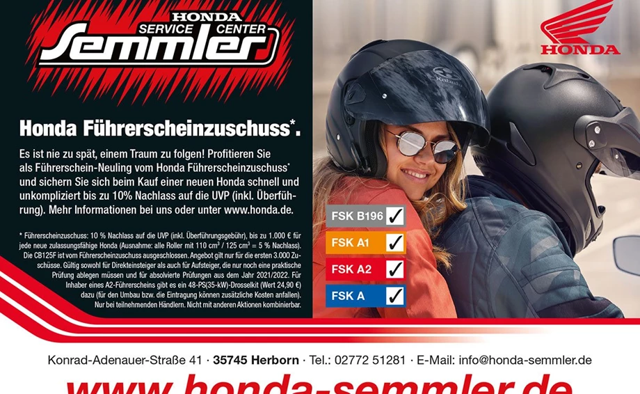 Honda Semmler - Führerschein Aktion endet am 11. April 2022 Bild 1: Honda Semmler - Führerschein Aktion endet am 11. April 2022