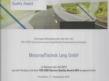TUEV Sued Service Quality Award 2015