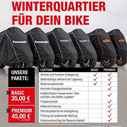 Wintereinlagerung und Service im Winter Einlagerungsservice Basic: 35,- Euro pro Monat
Einlagerungsservice Premium: 45,- Euro pro Monat