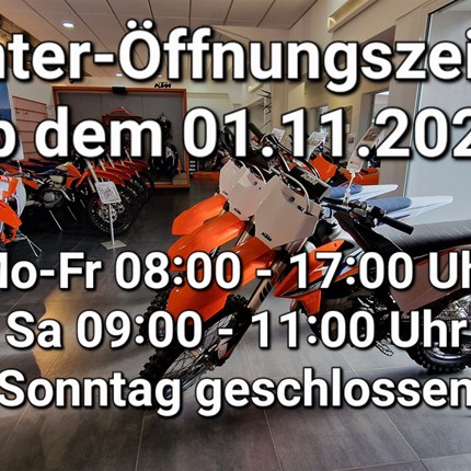 Winter-Öffnungszeiten ab dem 01.11.2022 
Liebe Motorradfreunde, ab dem ersten November haben wir unter der Woche nur noch bis 17 Uhr geöffnet.
