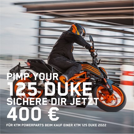 Ein weiteres READY TO RACE Angebot, was sich lohnt! 
- Pimp my Duke - Sichere dir jetzt, beim Kauf einer neuen KTM 125 Duke, bis zu 400 Euro auf Power Parts und Software-Pakete. ... Weiter >>