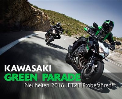 Kawasaki Green Parade Du willst die neuen Kawasaki Modelle hautnah kennenlernen? 
Sie sehen, fühlen, hören und Probefahren? 
Dann nutze die Gelege ... Weiter >>