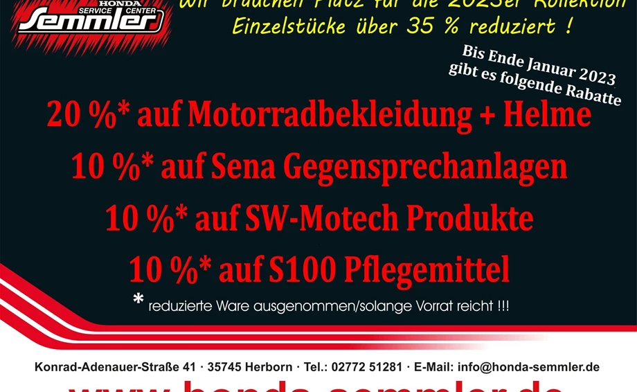 Honda Semmler - 20% Aktion Bekleidung  Bild 1: Honda Semmler - 20% Aktion Bekleidung