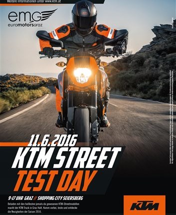 KTM Street Test Day Das Team von Euro Motors Graz veranstaltet zusammen mit KTM den KTM Street Test Day in Graz. 
Der KTM Truck macht beladen mit ... Weiter >>