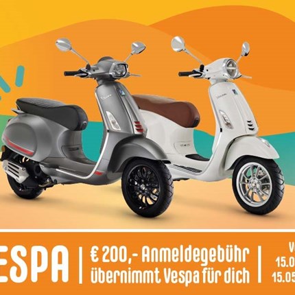 Vespa Primavera 50 Anmeldebonus 
Jetzt Anmeldebonus von 200,- Euro für eine neue Vespa Primavera 50 sichern! 
Aktion bis 15.Mai 2023