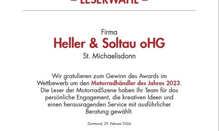 Urkunde Motorradhändler des Jahres 