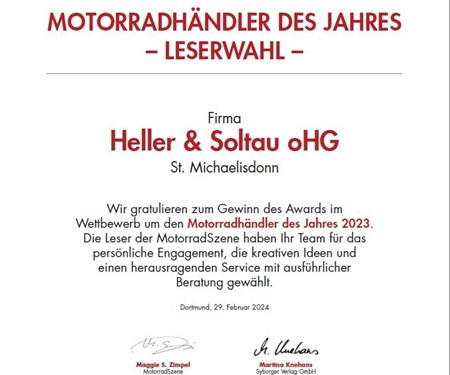 Urkunde Motorradhändler des Jahres 