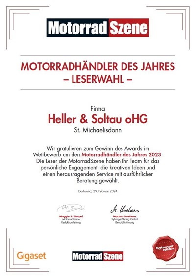 Urkunde Motorradhändler des Jahres 