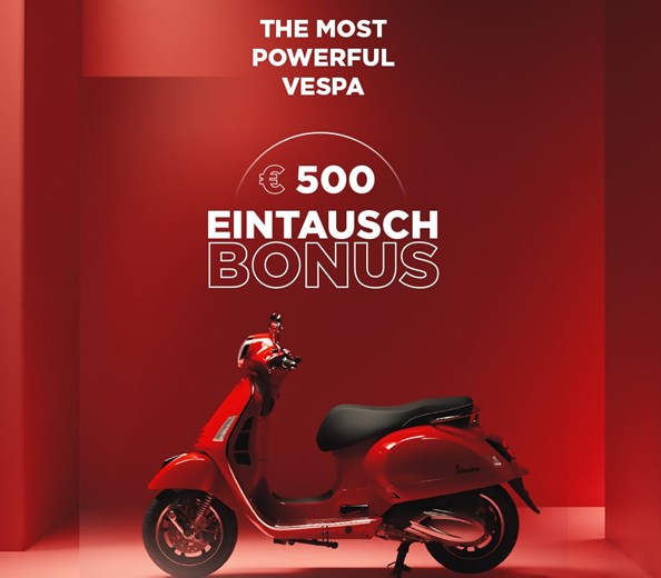 Vespa GTS 310 Eintauschbonus
Wenn Sie jetzt beim Kauf einer neuen GTS 310, Super, Super Sport oder Super
Tech Ihre alte Vespa eintauschen, erhalten Sie zusätzlich zum Zeitw ...