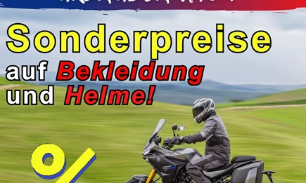 Sonderaktion: Motorradhelme & Motorradbekleidung zu Top-Preisen! Sonderaktion: Motorradhelme & Motorradbekleidung zu Top-Preisen!