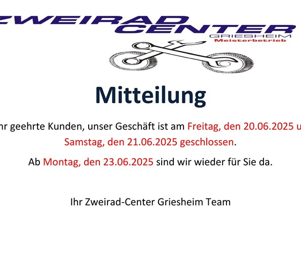 Miteilung
Hallo, wir sind am Freitag, den 20.06.25 und Samstag, den 21.06.2025 nicht da.
Ab Montag, den 23.06.2025 sind wir wieder wie gewohnt da.
Eue ...