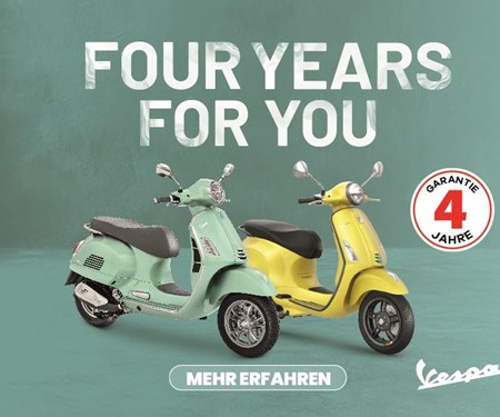 4 JAHRE GARANTIE AUF ALLE VESPA E5+ MODELLE und Piaggio E5+ Modelle. KEIN STRESS, ENDLOSE EMOTIONEN.
