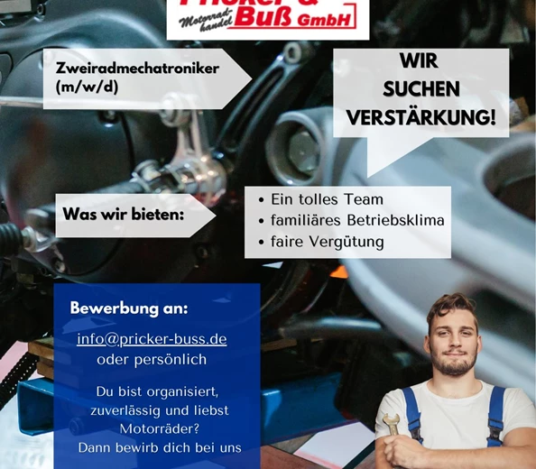Zweiradmechatroniker / KFZ-Mechatroniker (m/w/d) gesucht
Zweiradmechatroniker / KFZ-Mechatroniker (m/w/d) – Schwerpunkt Motorrad
Standort: Pricker & Buß GmbH, Haren-Emmeln
Arbeitszeit: Vollzeit
Du b ...
