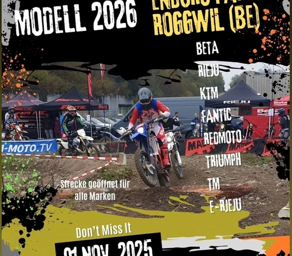 ENDURO TESTEN IN ROGGWIL
Am 1. November 2025 hast du die Möglichkeit alle Offroad Enduro Modelle zu testen. Wir sind mit unseren Triumph Enduro's vor Ort.
Bei Fragen ka ...