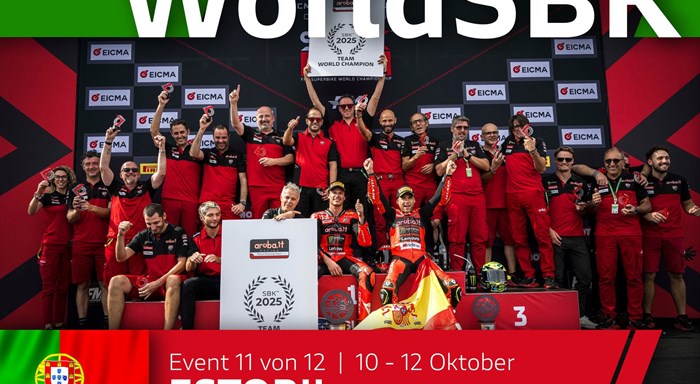 WSBK Runde 11 in Estoril: Sieg in Rennen 2 für Bulega, Aruba.it Racing-Ducati holt den WM-Titel