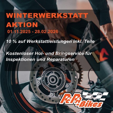 PEPA-BIKES WINTERWERKSTATTAKTION 10% auf Werkstattleistungen inkl. Teile

Kostenloser Hol- und Bringservice für Inspektionen