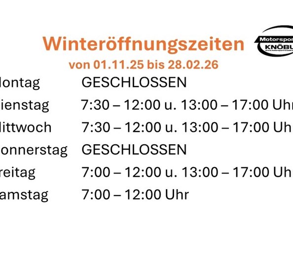 Winteröffnungszeiten 
Liebe Kundinnen und Kunden!
Ab 01. November 2025 starten unsere Winteröffnungszeiten!
Bis einschließlich Februar 2026 sind wir etwas kürzer, a ...