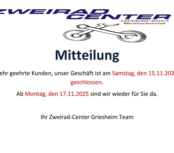 Mitteilung 
Hallo,

wir sind diesen Samstag, den 17.11.2025 nicht da.

Geplant ist, das ALLE restlichen Samstage für dieses Jahr geschlossen bleiben.

 ...