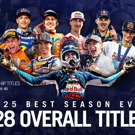 KTM celebrates 28 championship titles in 2025 A season of dedication and teamwork delivered 28 major racing championships worldwide through a spread of disciplines in 2025 – including 16 international rider crowns, and 12 FIM manufacturer titles. The unprecedented accumulation represents a new annual benchmark for the company. KTM extends its sincere thanks to all factory riders and independent competitors, along with their teams, for their valuable contribution, unwavering dedication, and loyalty throughout the various competitive campaigns.
