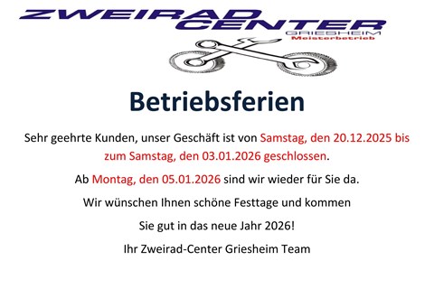 Zweirad-Center Griesheim-News: Betriebsferien