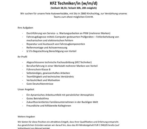 Stellenausschreibung 
Stellenausschreibung kFZ - Techniker