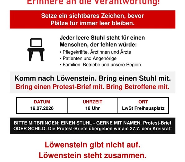 Sonntag 18 Uhr in Löwenstein - Zum Erholt der Klinik Löwenstein  
Bitte seid dabei!
Mit Stühlen oder auch dem Motorrad 😎
Zum Erhalt der Lungenfachklinik Löwenstein.
Sonntag 18 Uhr