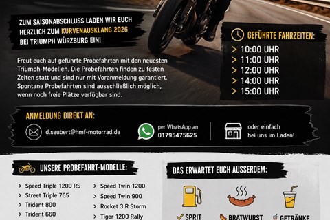 hmf Motorräder GmbH-News: Kurvenausklang 2026 bei Triumph Würzburg
