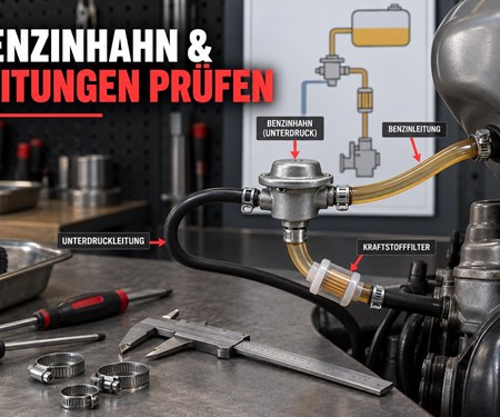 Roller-Benzinhahn und Leitungen prüfen: Anschlüsse, Durchfluss und Dichtheit dokumentieren