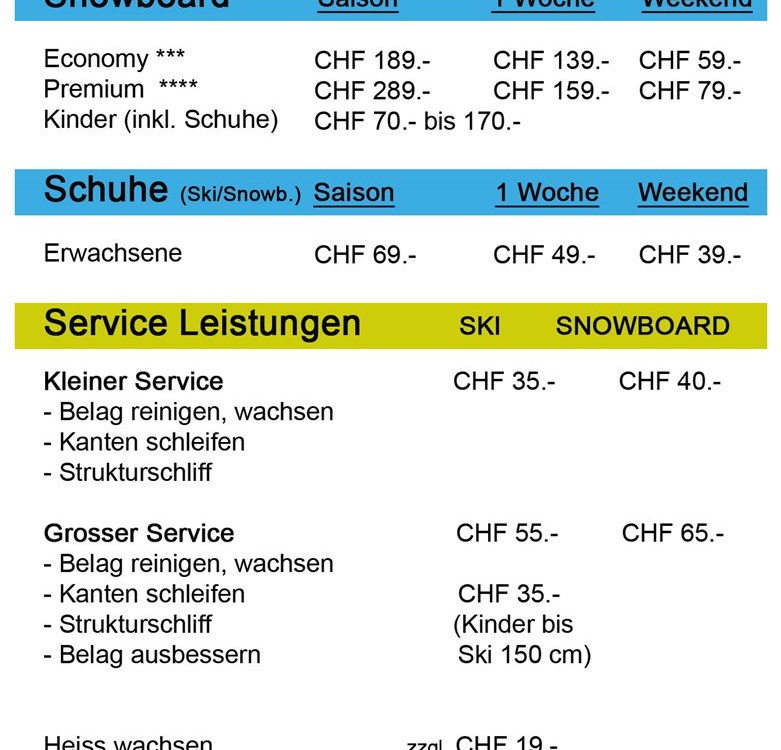 Ski- & Snowboard Vermietung: günstige Preise für Gross & Klein