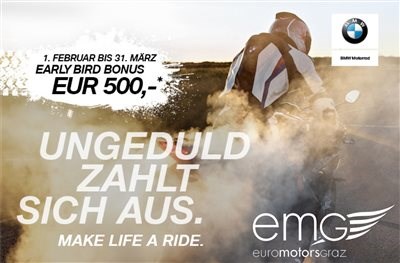 BMW Aktion Early Birds Wer früher kauft, fährt länger schnell!Hol Dir Dein neues BMW Bike bis zum 31.März 2018 und wir schenken Dir Zubehör und Fahre ... Weiter >>