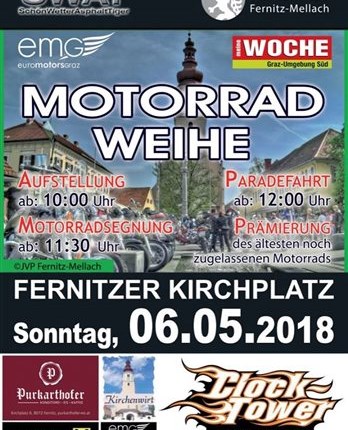 Motorradweihe Fernitz 
Wir freuen uns, dass wir auch heuer wieder als Hauptsponsor bei der traditionellen Motorradweihe in Fernitz teilnehmen werde ... Weiter >>