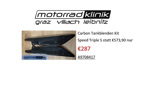 Marke: Triumph Artikelname: Carbon Tankblenden Kit Speed Triple S ab FIN867685 statt €573,90,- nur €287,00,-