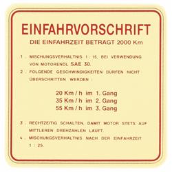 Aufkleber Einfahrvorschrift für Vespa 125 VNA T1/VNB T2/150 VL1 T1/VD T2-3, (D)