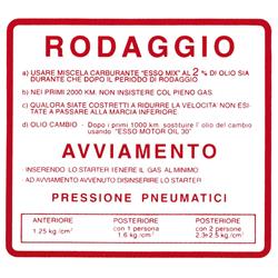 Aufkleber Einfahrvorschrift, RODAGGIO für Vespa 50 SS/90 SS