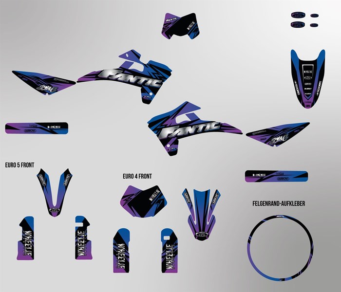 Fantic XMF 125 bis 2022 Dekor Kit violett und blau Pat Bikes Edition auf normaler Folie