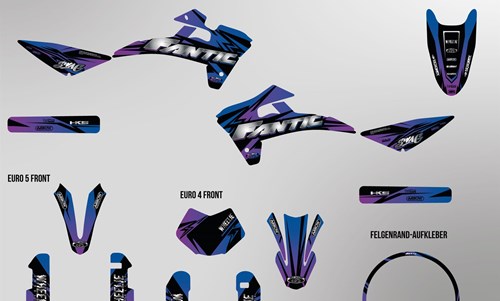 Fantic XMF 125 bis 2022 Dekor Kit violett und blau Pat Bikes Edition auf Chrom - Folie