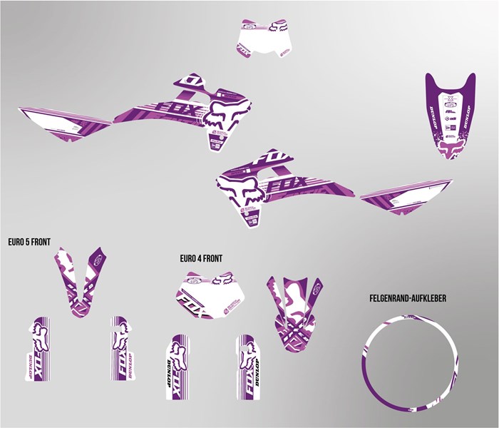 Fantic XMF 125 bis 2022 Dekor Kit weiss und violett Foxy Edition auf normaler Folie