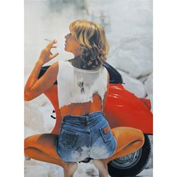 Poster mit Motiv "Vespa V50 - Frau mit Zigarette"