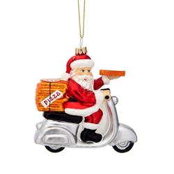 Christbaumschmuck mit Motiv Santa auf Motorroller mit Pizza rot/silber